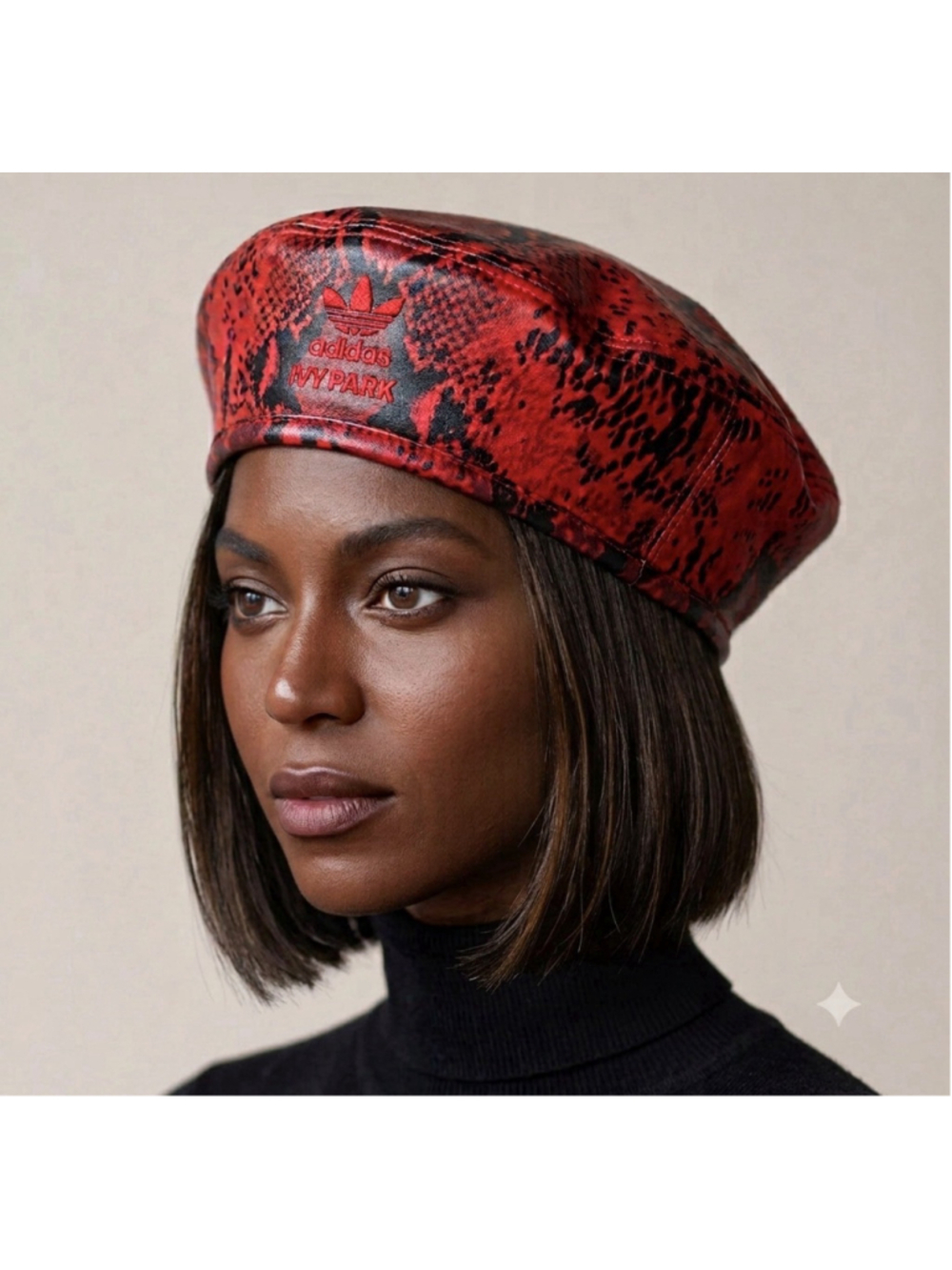 ADIDAS x IVY PARK/Ivy Heart Printed Faux Leather Snakeprint Tam Hat/Beret
